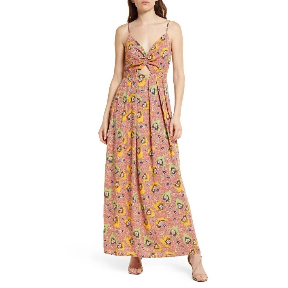 Beige Floral Maxi Sundress XXS Bare Back Bow Beach Cruise Summer NWOT